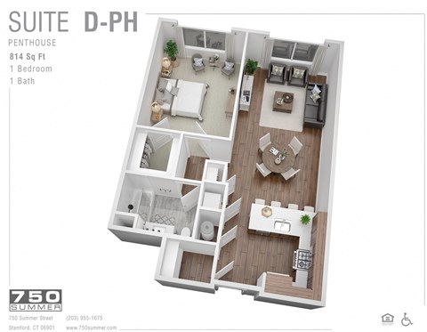 Floor plan for 1 bed, 1 bath, 801 sqft